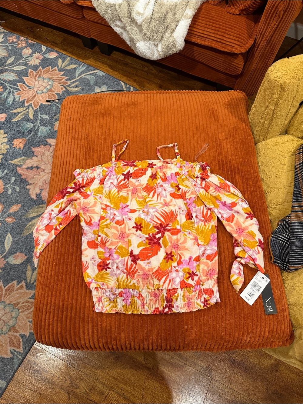 BCX Pink Yellow Orange Floral Off-Shoulder Top with Straps